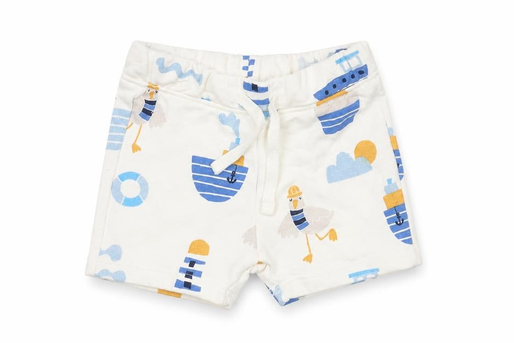 Front view of Marks & Spencer boys’ white geometric cotton cropped trousers, size 3-6, months drawstring - seagull boat print