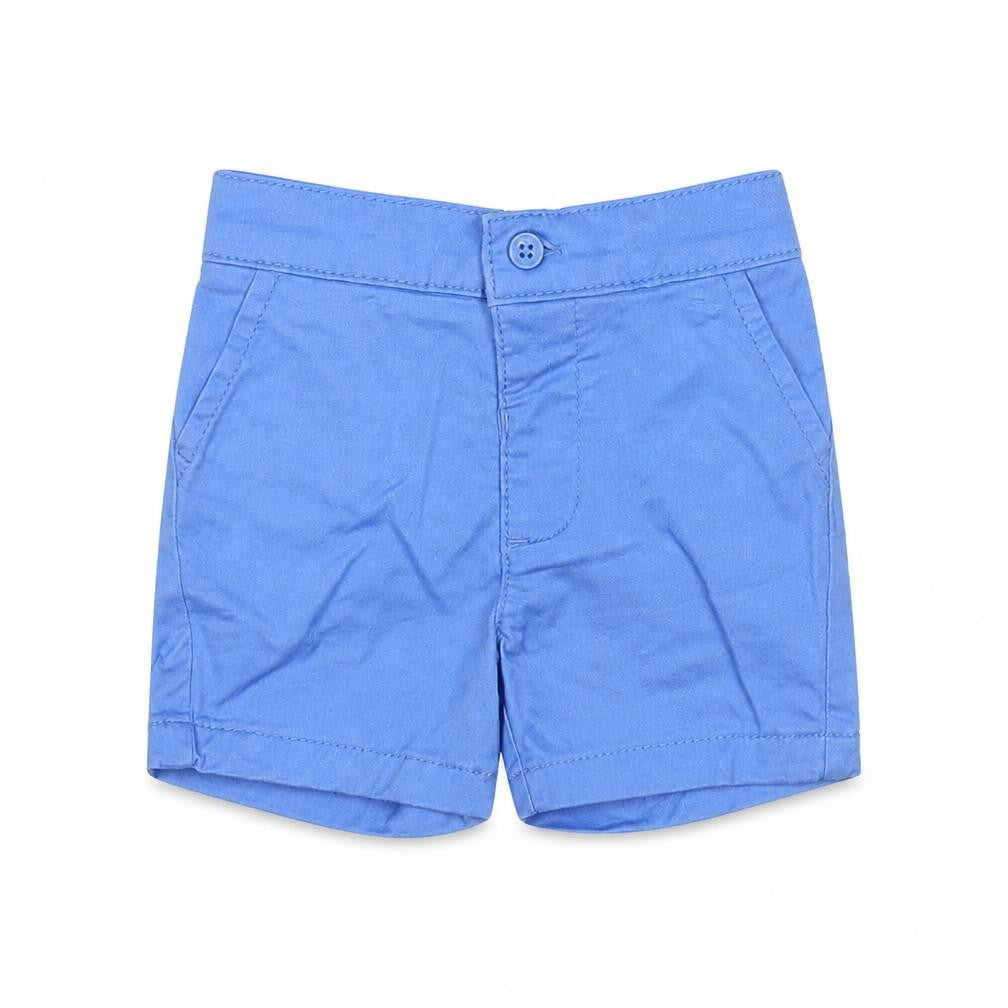 Front view of Marks & Spencer boys’ blue cotton cropped trousers, size 0-3, months button