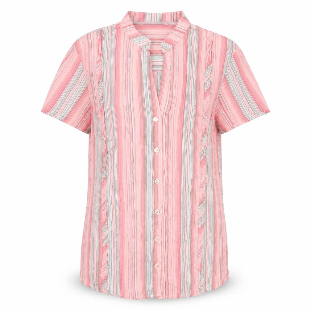 Front view of Casual Club women’s pink striped cotton basic button-up, size UK 10, v-neck - belted