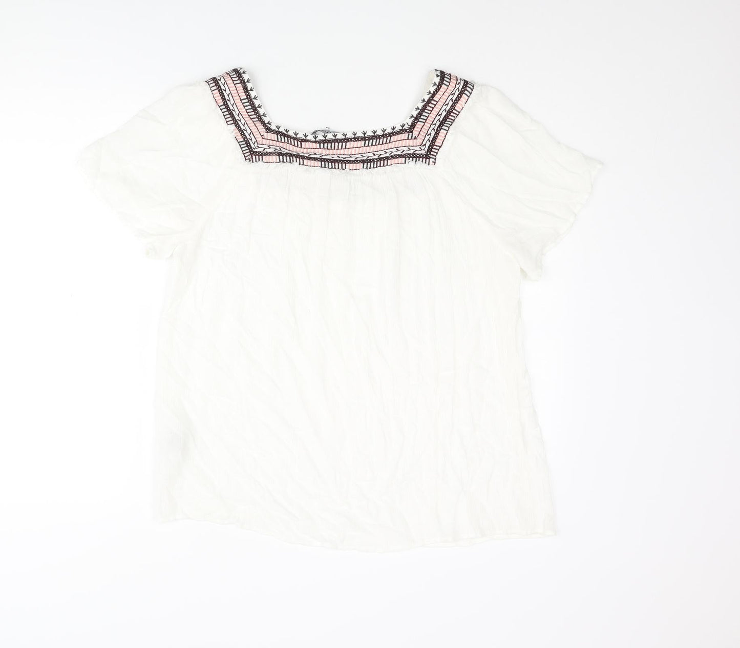 Natura Womens White Viscose Basic Blouse Size XL Square Neck - Embroidered Neckline