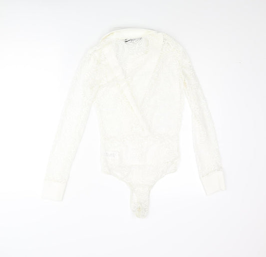 PRETTYLITTLETHING Womens Ivory Nylon Bodysuit One-Piece Size 4 Snap
