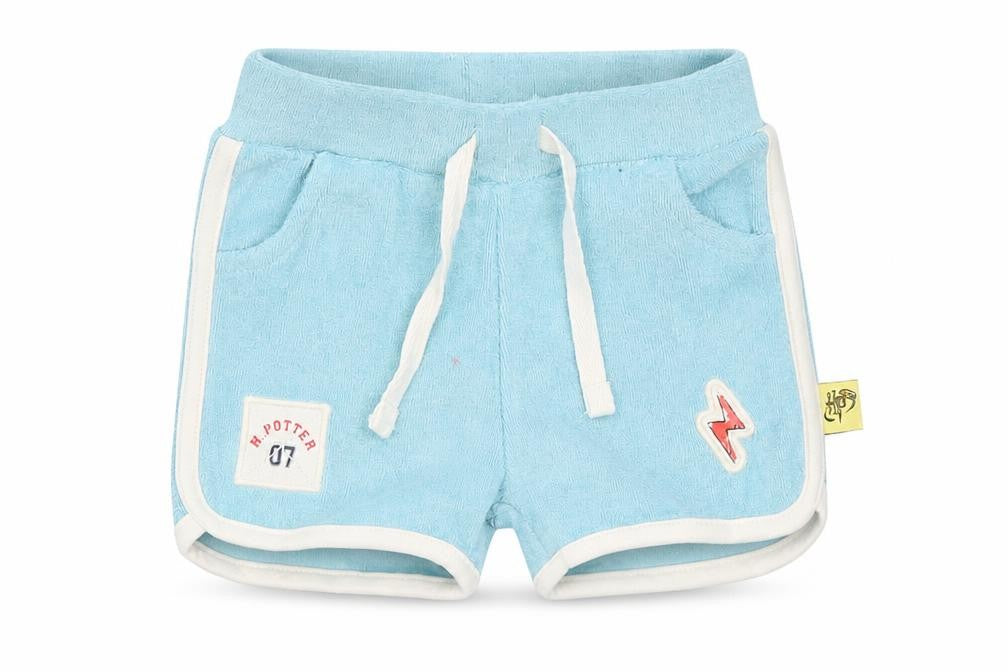 Front view of Marks & Spencer boys’ blue cotton jogger trousers, size 3-6, months drawstring - harry potter, inside leg 2in