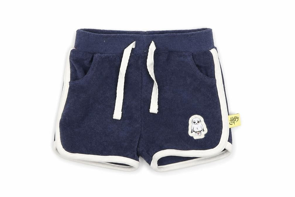 Front view of Marks & Spencer boys’ blue cotton cropped trousers, size 3-6, months drawstring - harry potter, inside leg 2in