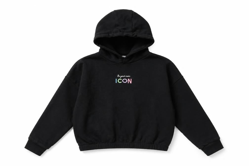 Marks and Spencer Girls Black Cotton Pullover Hoodie Size 9-10 Years Pullover - Be Your Own Icon, Cropped