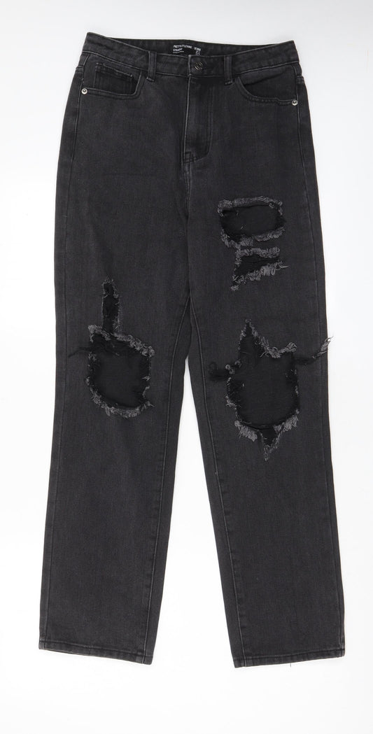 PRETTYLITTLETHING Womens Grey Cotton Straight Jeans Size 8 L29 in Regular Zip - Pockets
