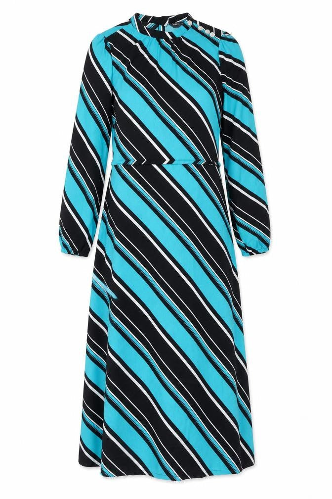 Marks and Spencer Womens Blue Striped Polyester Maxi Size 8 Round Neck Button