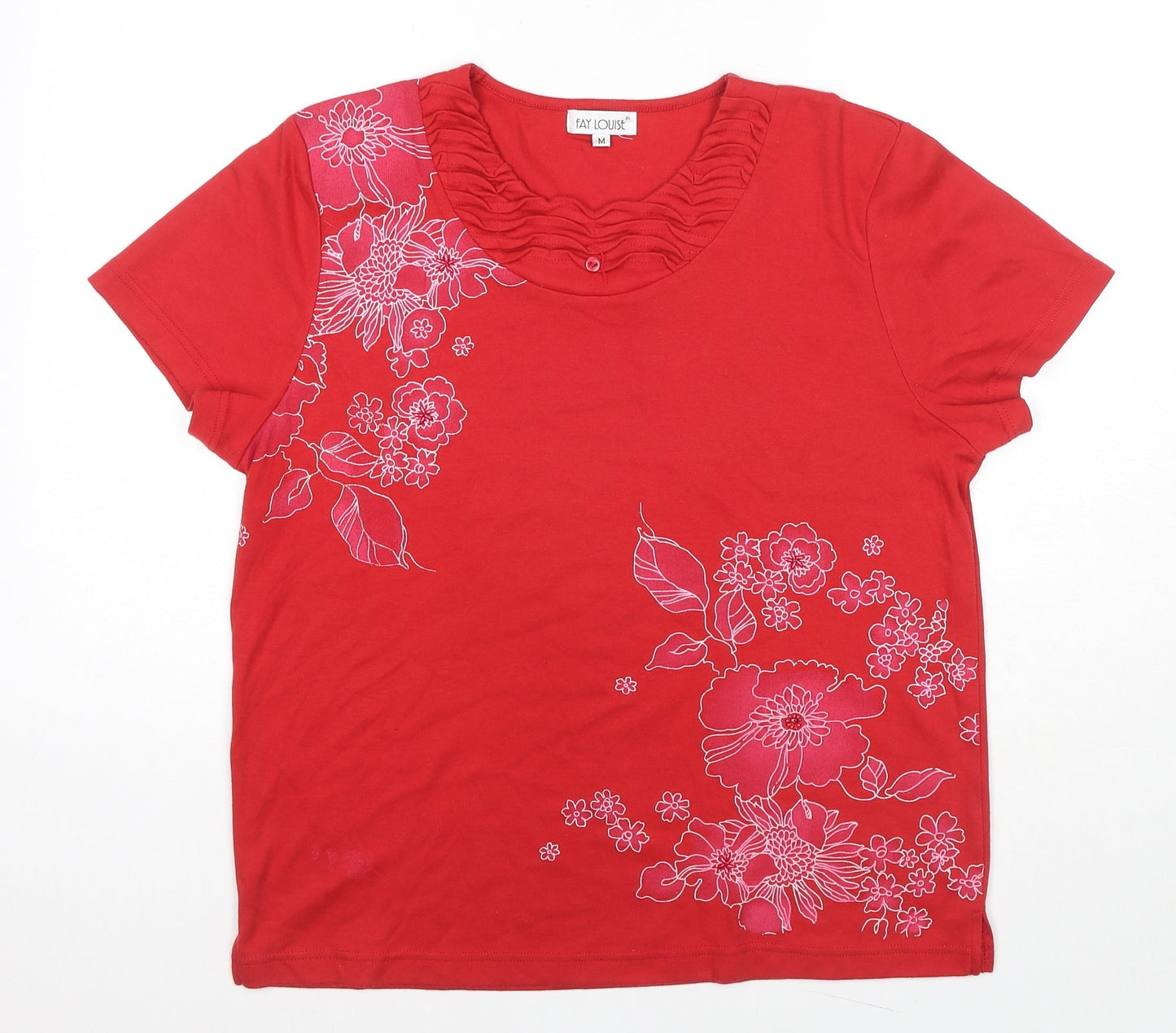 Fay Louise Womens Red Cotton Basic Blouse Size M Round Neck - Flowers Beaded Detail