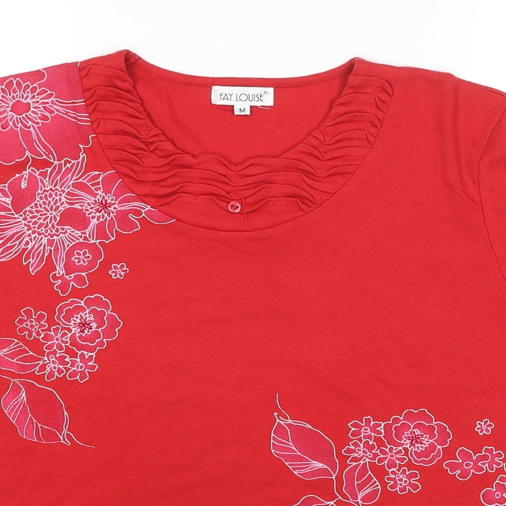 Fay Louise Womens Red Cotton Basic Blouse Size M Round Neck - Flowers Beaded Detail