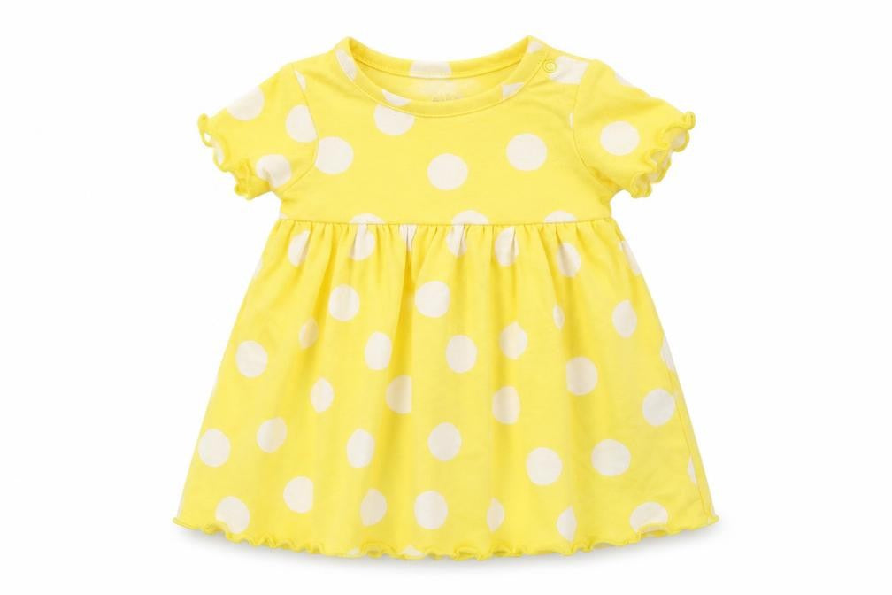 Front view of Marks & Spencer girls’ yellow polka dot cotton a-line, size 3-6, months round neck snap