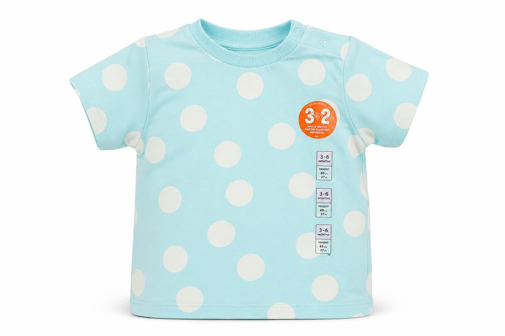 Front view of Marks & Spencer Baby Blue Polka Dot Cotton Pullover T-Shirt, size 3-6, Months Crew Neck Snap