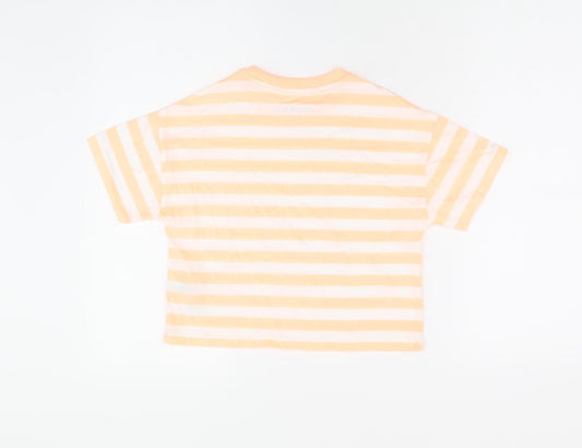 Marks and Spencer Boys White Striped Cotton Basic T-Shirt Size 7-8 Years Round Neck Pullover