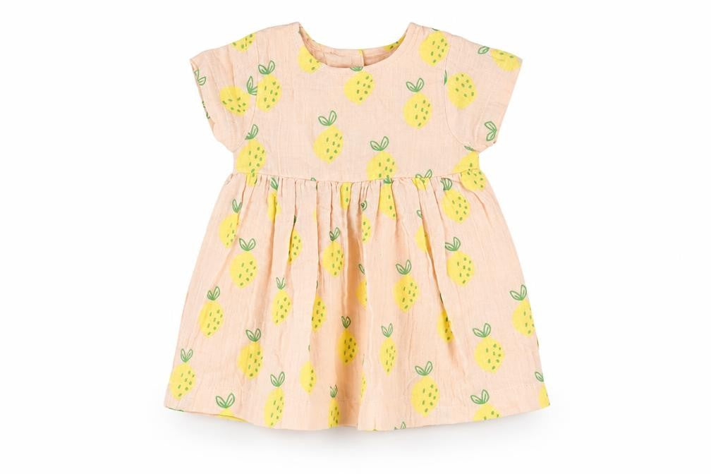 Marks and Spencer Girls Pink Geometric Cotton A-Line Size 3-6 Months Round Neck Button - Lemon Print