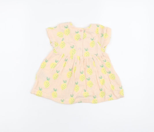 Marks and Spencer Girls Pink Geometric Cotton A-Line Size 3-6 Months Round Neck Button - Lemon Print