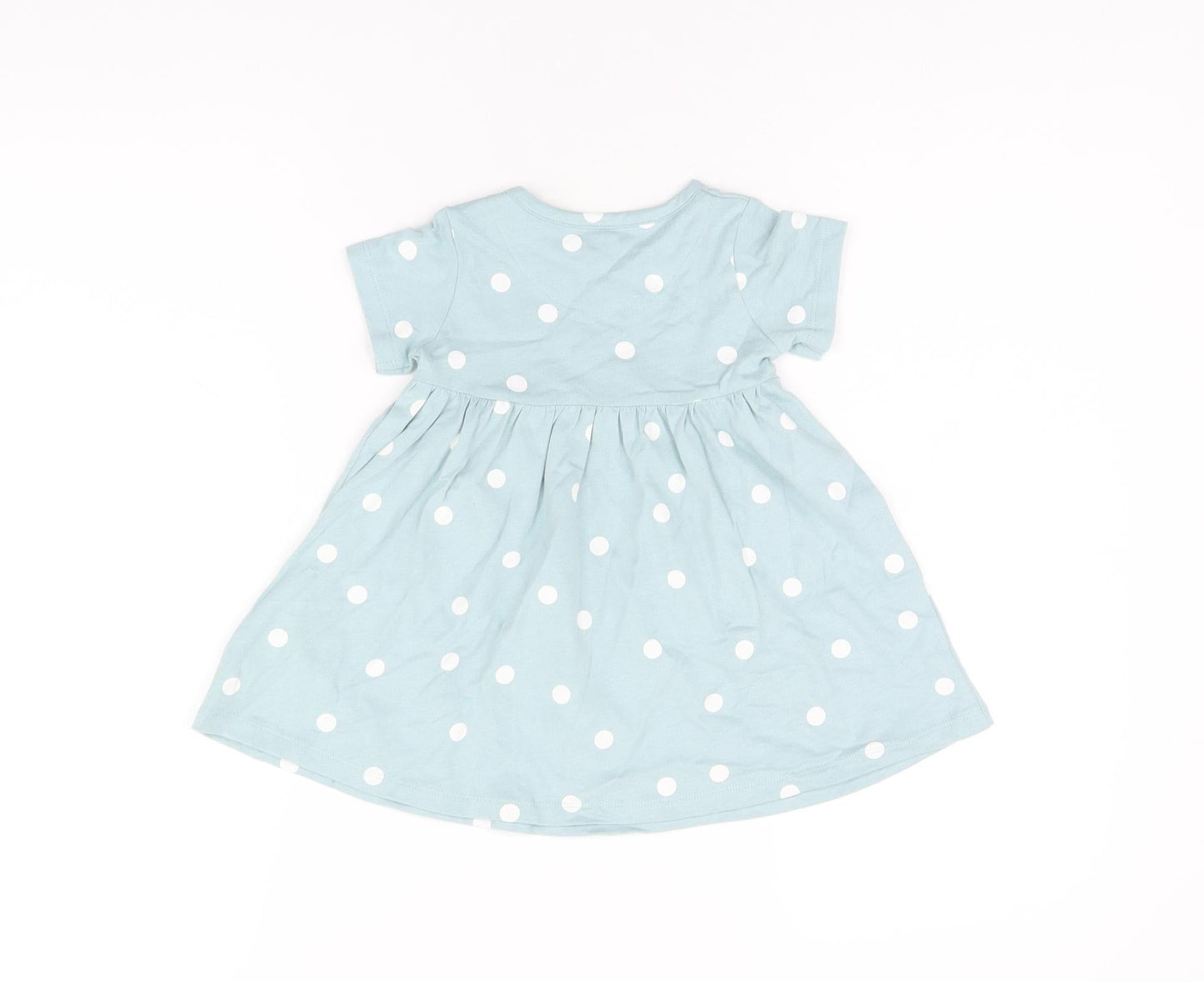Marks and Spencer Girls Blue Polka Dot Cotton A-Line Size 6-9 Months Round Neck Snap
