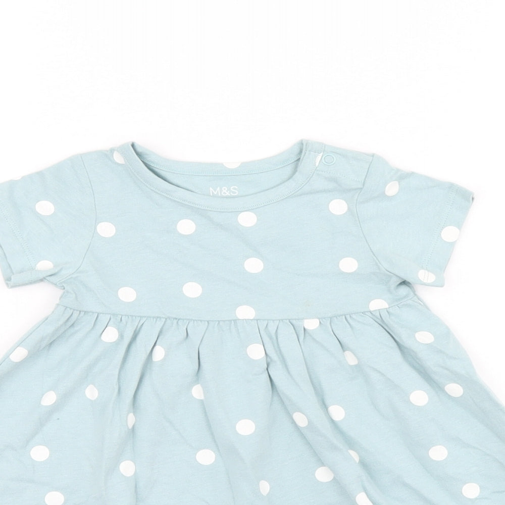 Marks and Spencer Girls Blue Polka Dot Cotton A-Line Size 6-9 Months Round Neck Snap