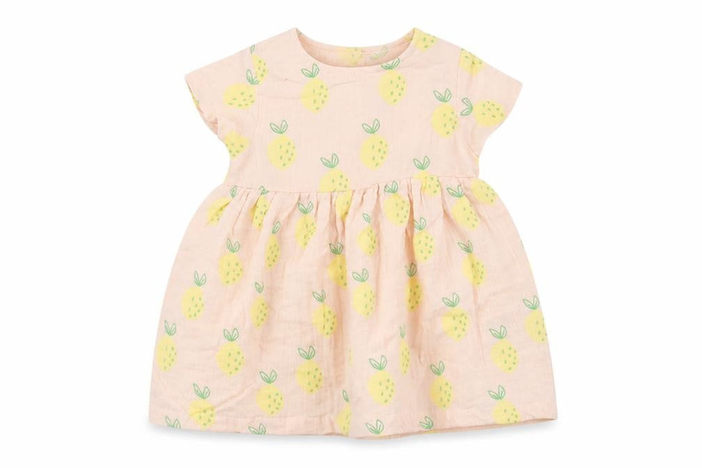 Front view of Marks & Spencer girls’ pink geometric cotton a-line, size 6-9, months round neck button - lemon print