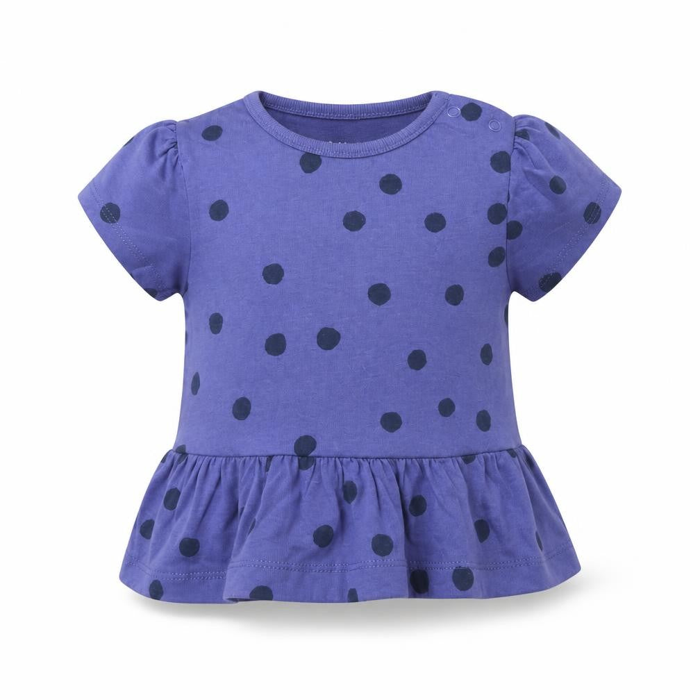 Front view of Marks & Spencer girls’ blue polka dot cotton basic t-shirt, size 3-6, months round neck snap