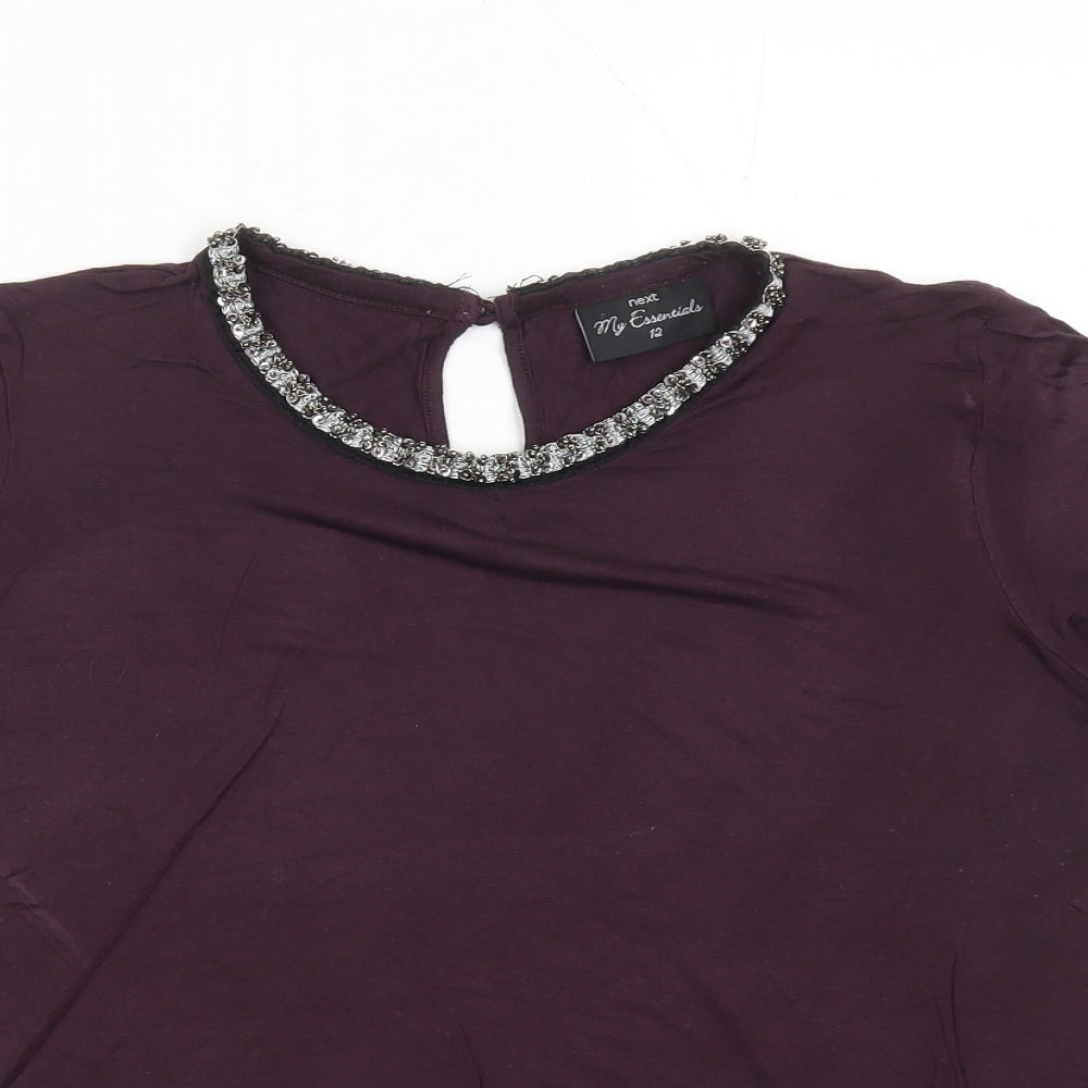 NEXT Womens Purple Viscose Basic T-Shirt Size 12 Round Neck - Beaded Neckline