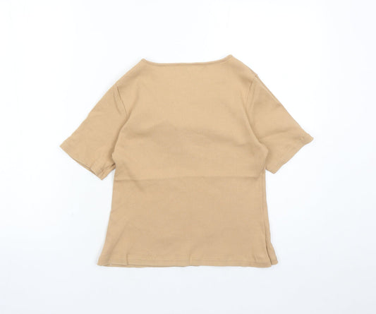 St Michael Womens Brown Polyester Basic T-Shirt Size 14 Square Neck - Embroidered Detail Vintage