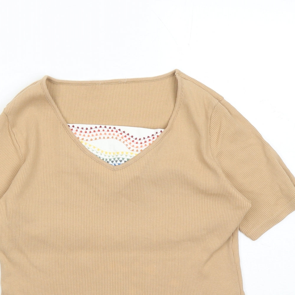 St Michael Womens Brown Polyester Basic T-Shirt Size 14 Square Neck - Embroidered Detail Vintage