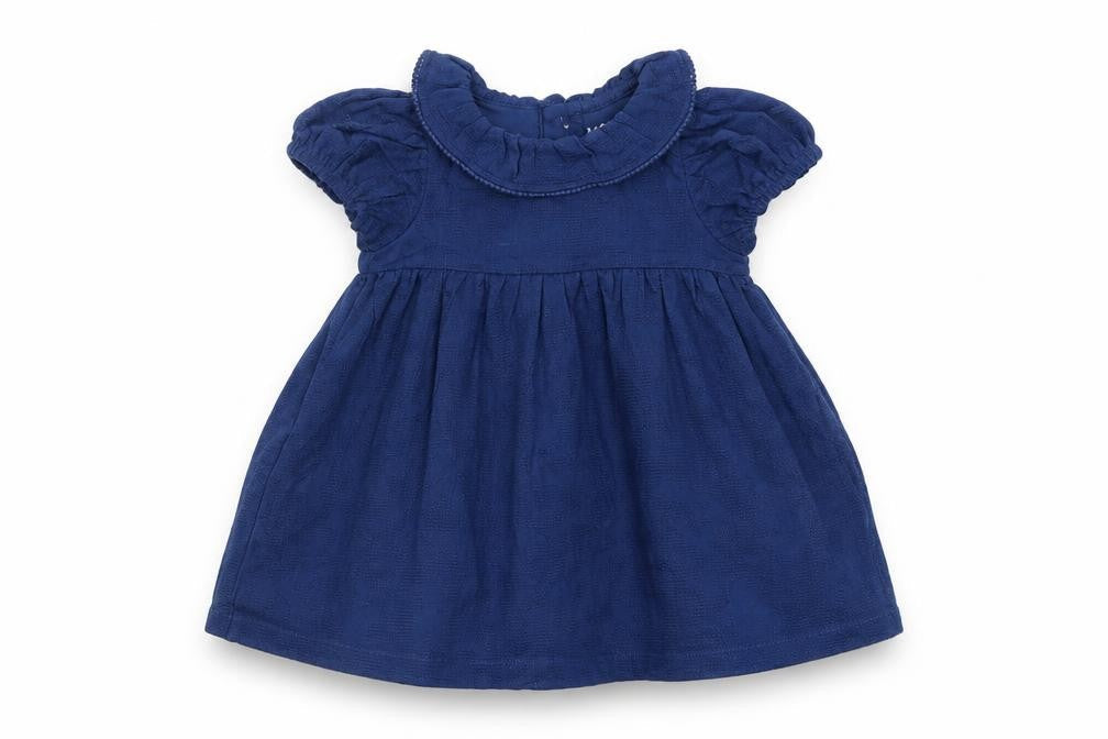 Front view of Marks & Spencer girls’ blue cotton a-line, size 3-6, months collared button