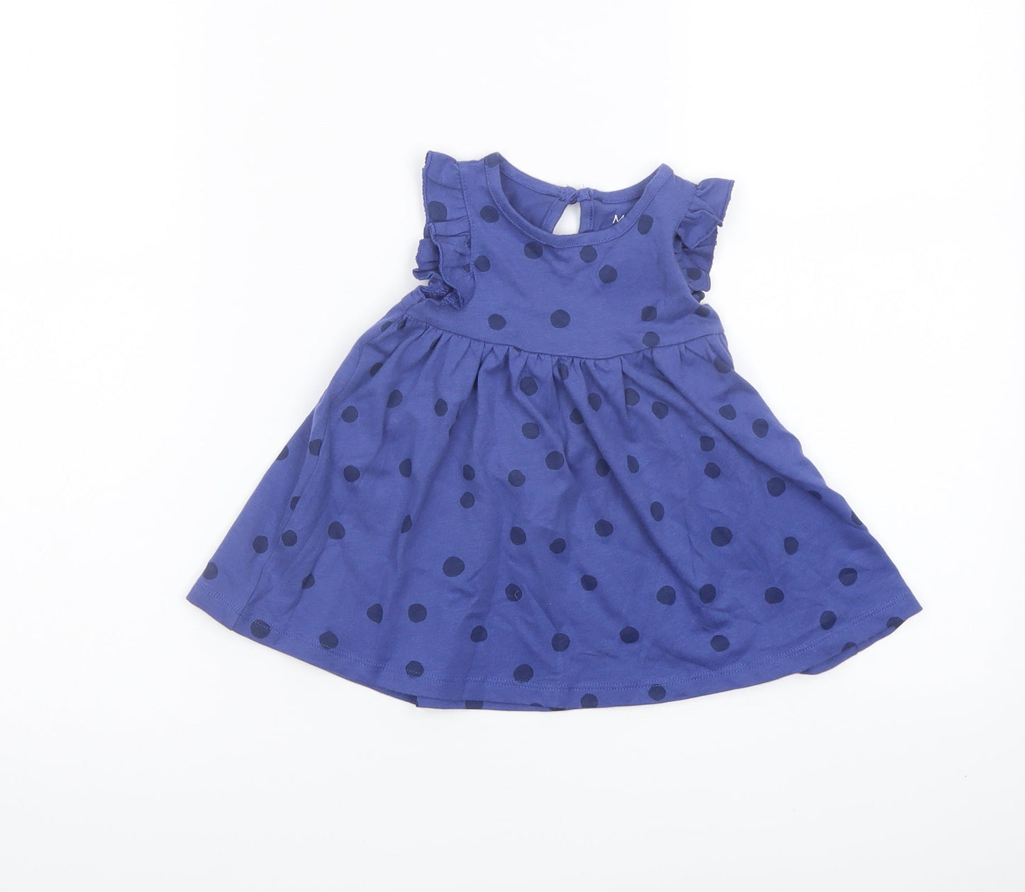 Marks and Spencer Girls Blue Polka Dot Cotton A-Line Size 0-3 Months Crew Neck Button