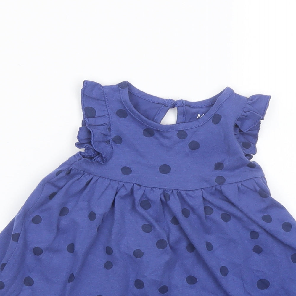 Marks and Spencer Girls Blue Polka Dot Cotton A-Line Size 0-3 Months Crew Neck Button