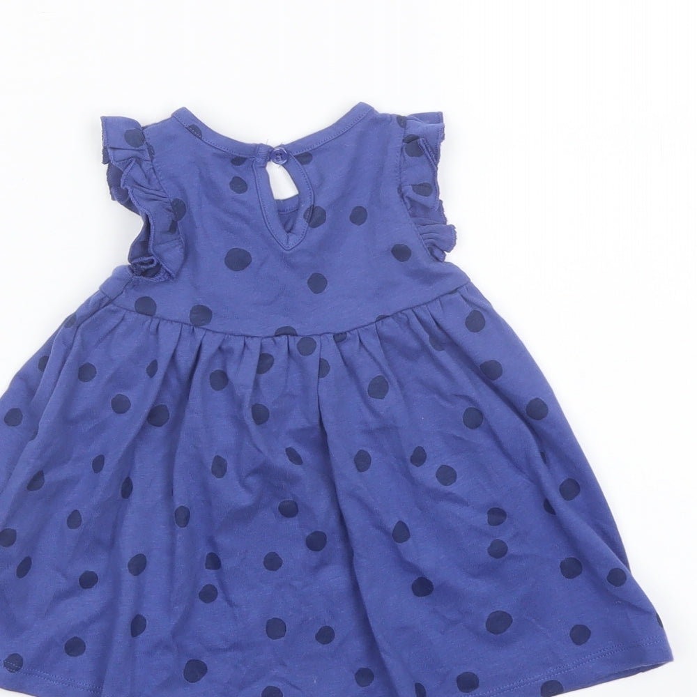 Marks and Spencer Girls Blue Polka Dot Cotton A-Line Size 0-3 Months Crew Neck Button