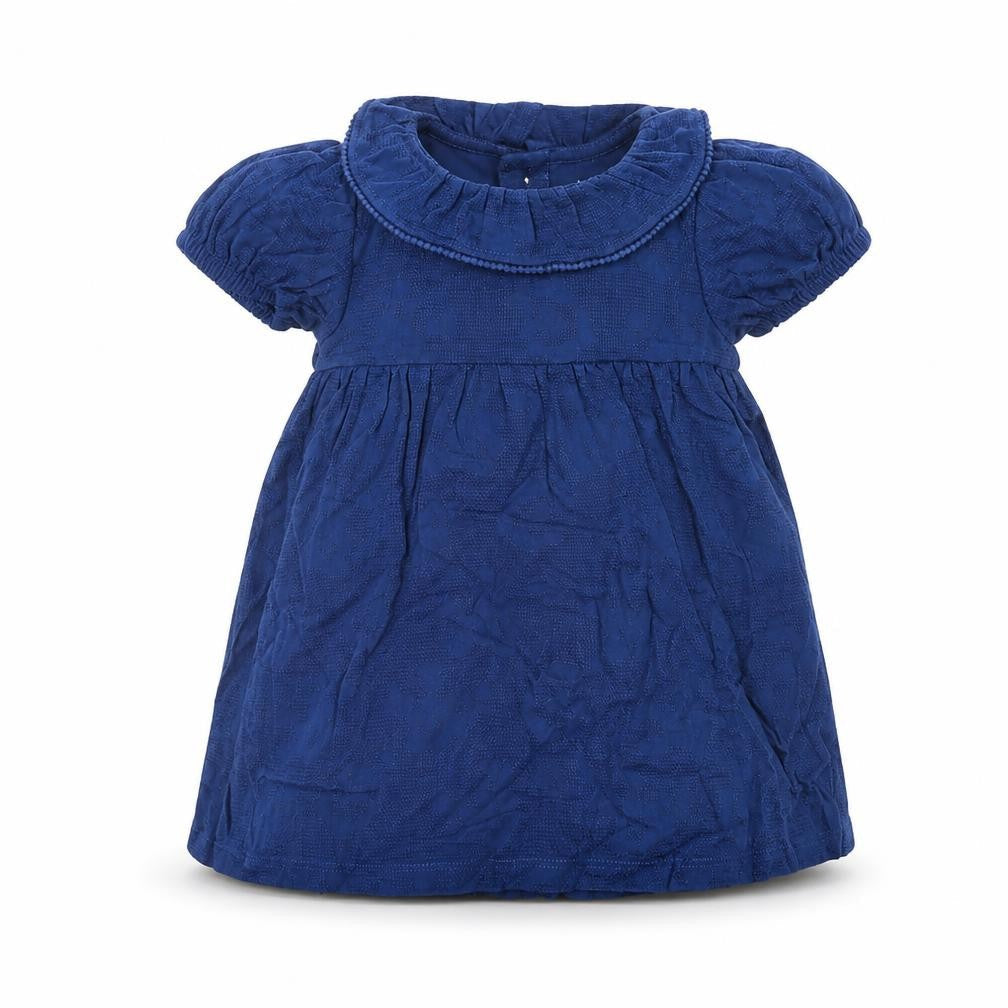Front view of Marks & Spencer girls’ blue cotton a-line, size 3-6, months collared button