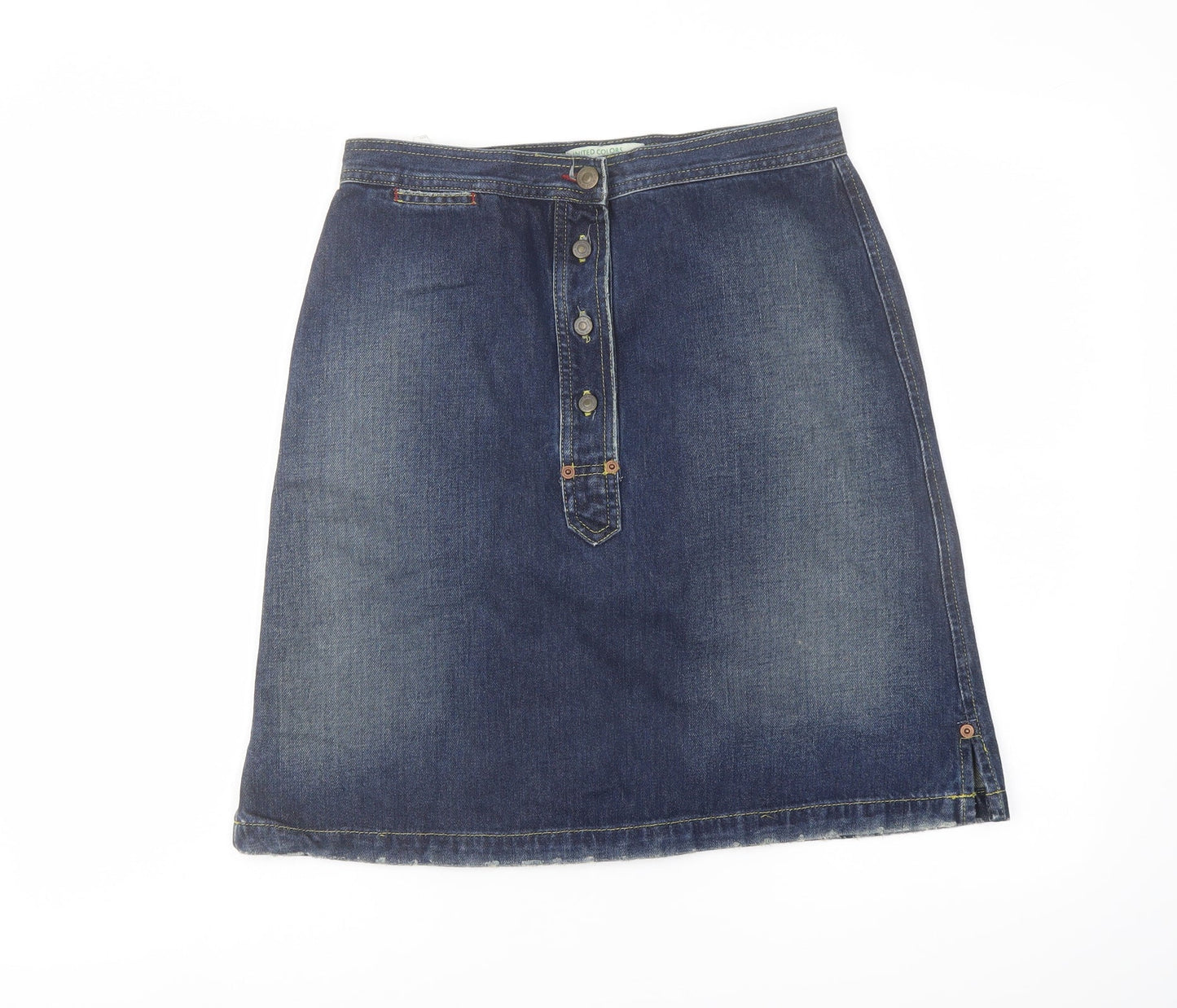 United Colors of Benetton Womens Blue Cotton A-Line Skirt Size 12 Button