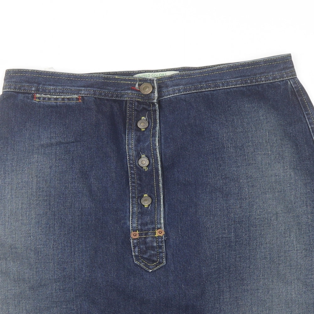 United Colors of Benetton Womens Blue Cotton A-Line Skirt Size 12 Button