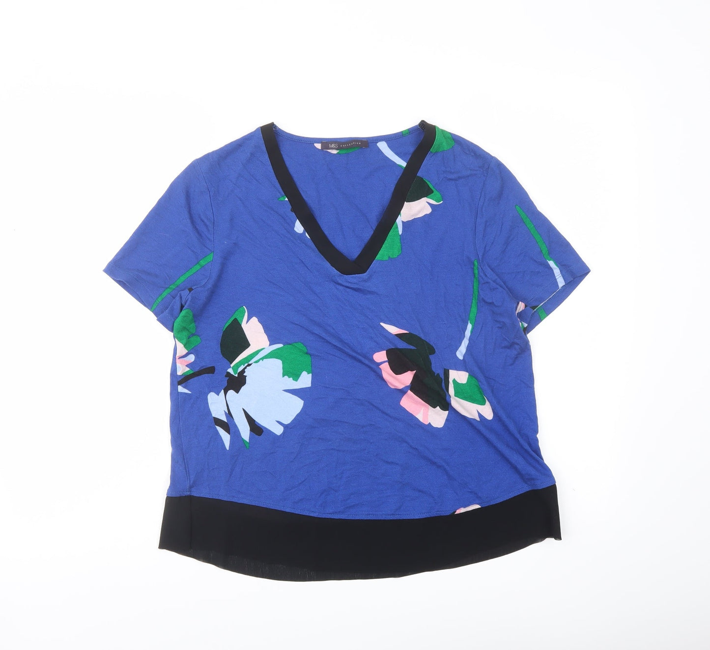 Marks and Spencer Womens Blue Geometric Polyester Basic T-Shirt Size 10 V-Neck
