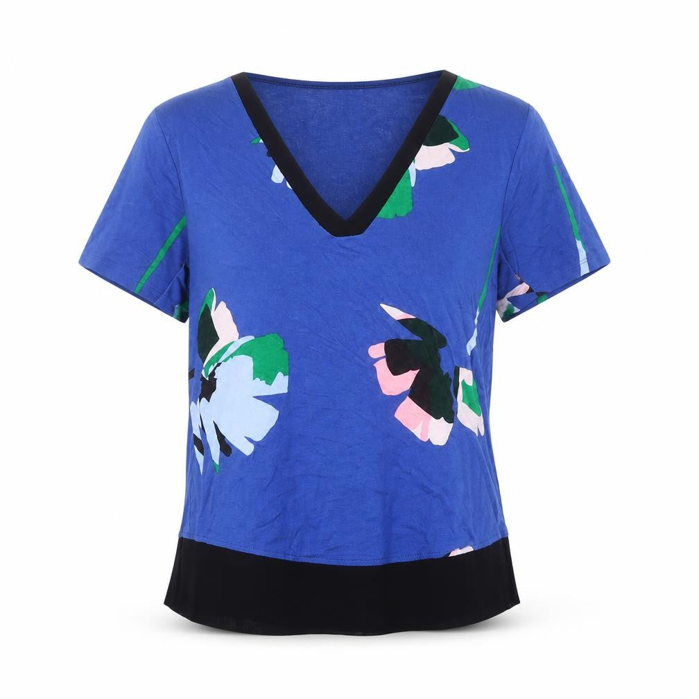Marks and Spencer Womens Blue Geometric Polyester Basic T-Shirt Size 10 V-Neck