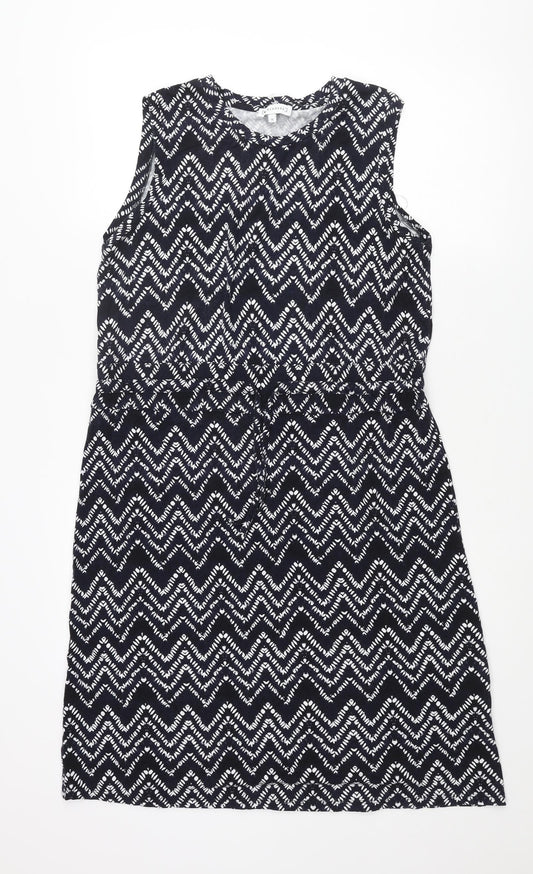 Warehouse Womens Blue Geometric Viscose Shift Size 12 Round Neck Pullover - Drawstring Waist