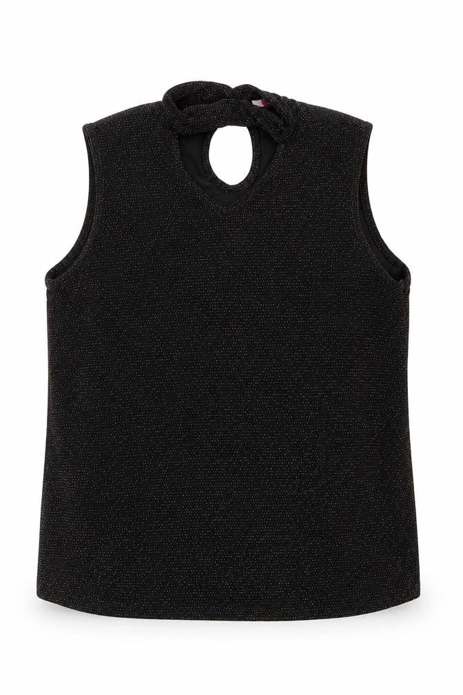 Front view of D'Lisle girls’ black nylon camisole blouse, size 12, years mock neck button - keyhole neck glitter
