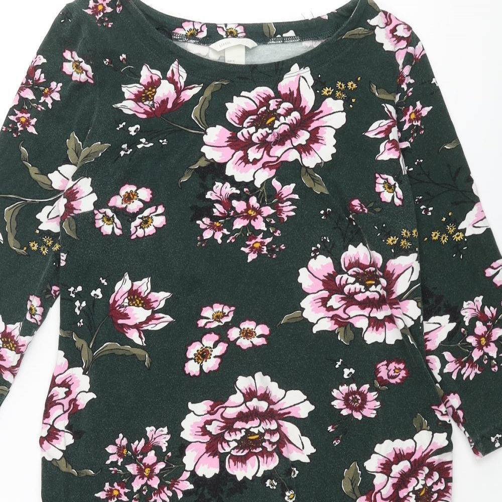 H&M Womens Green Floral Cotton Shift Size M Round Neck Pullover