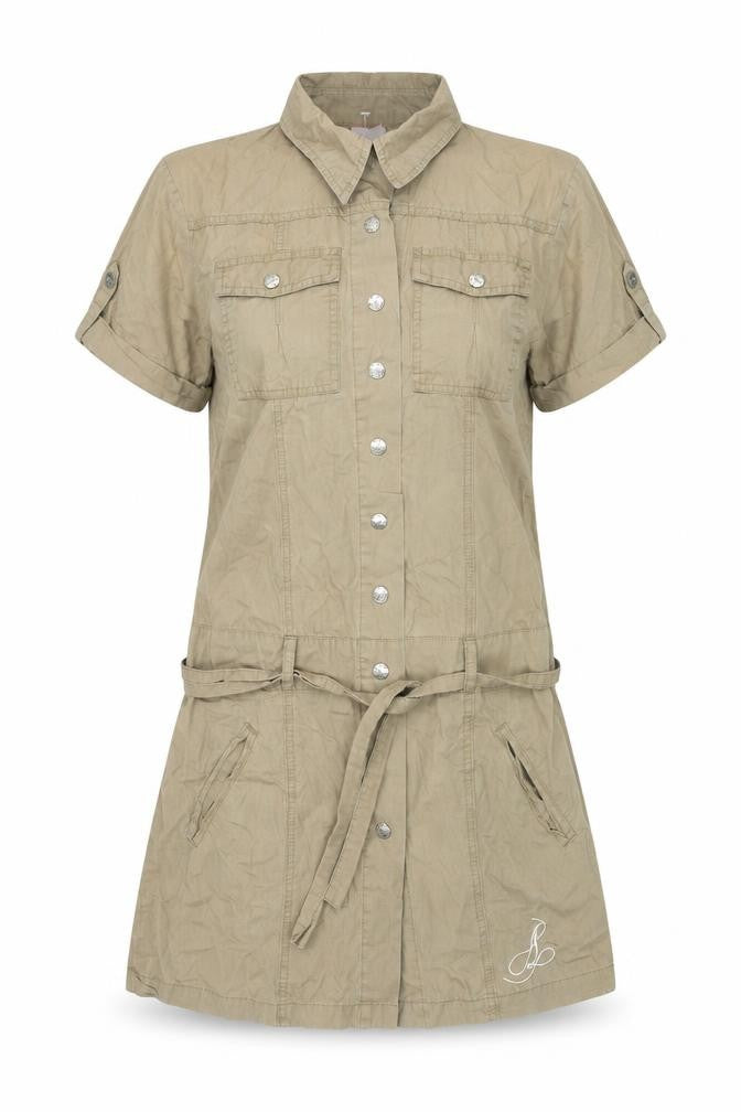Aloha Womens Brown Cotton Shirt Dress Size 12 Collared Snap - Embroidered Logo Belted
