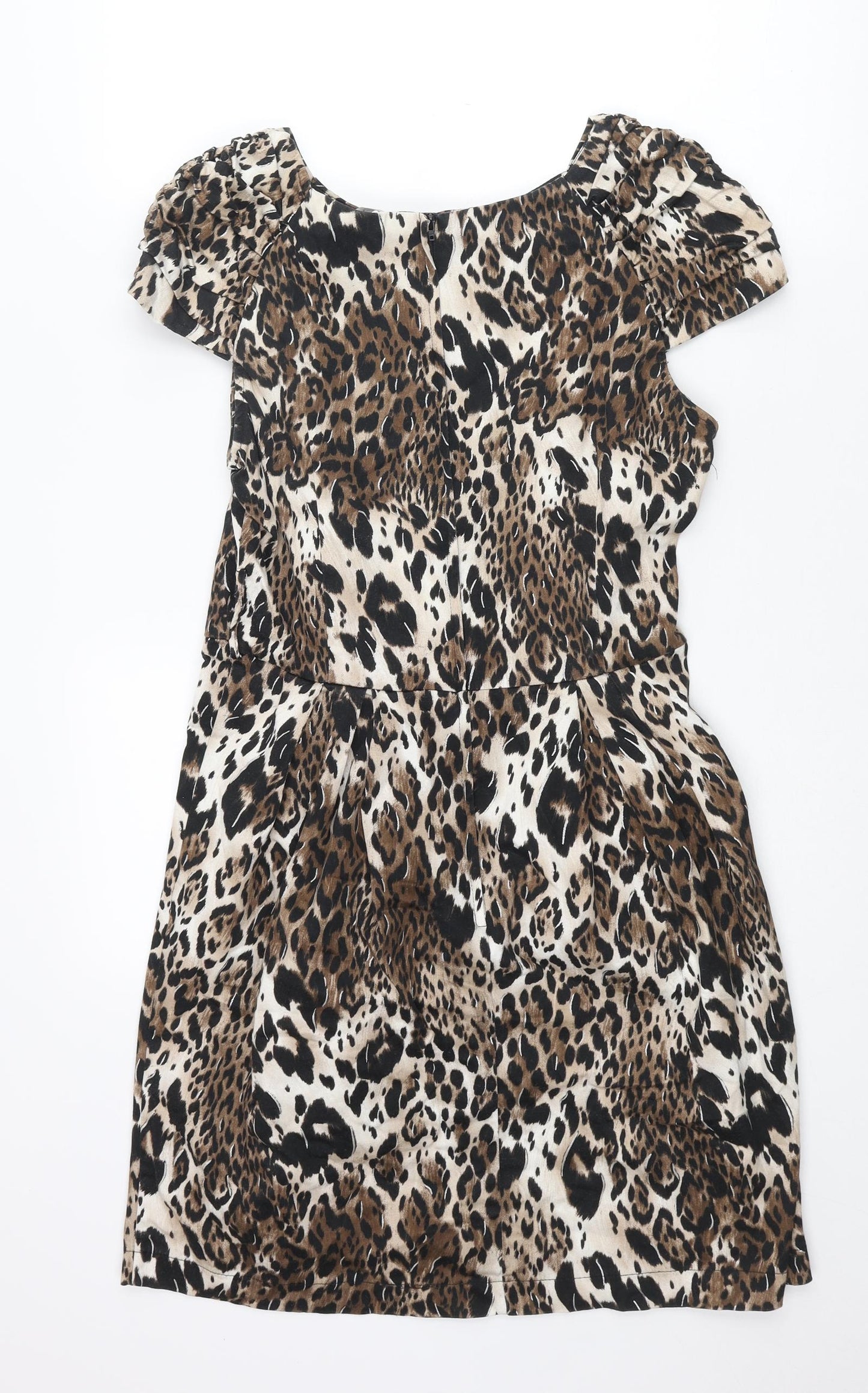 Red Herring Womens Brown Animal Print Cotton Shift Size 14 Round Neck Zip - Leopard Print