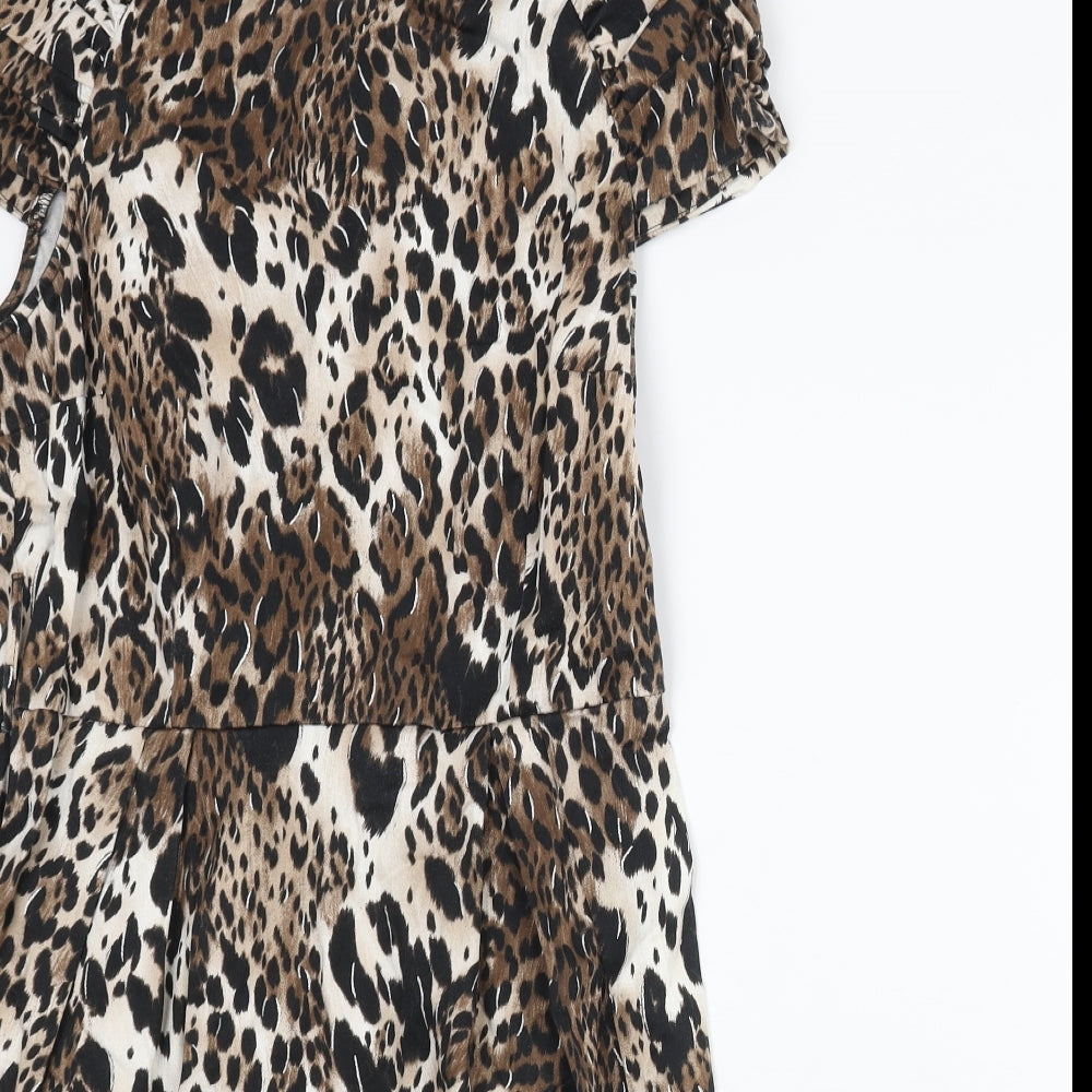 Red Herring Womens Brown Animal Print Cotton Shift Size 14 Round Neck Zip - Leopard Print