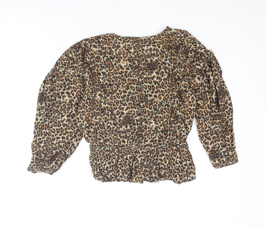 Pull&Bear Womens Brown Animal Print Viscose Cropped Blouse Size S V-Neck - Peplum Wrap Style
