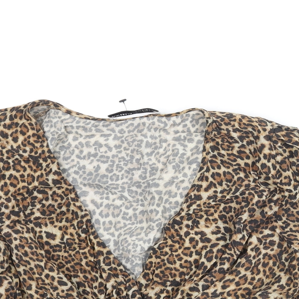 Pull&Bear Womens Brown Animal Print Viscose Cropped Blouse Size S V-Neck - Peplum Wrap Style