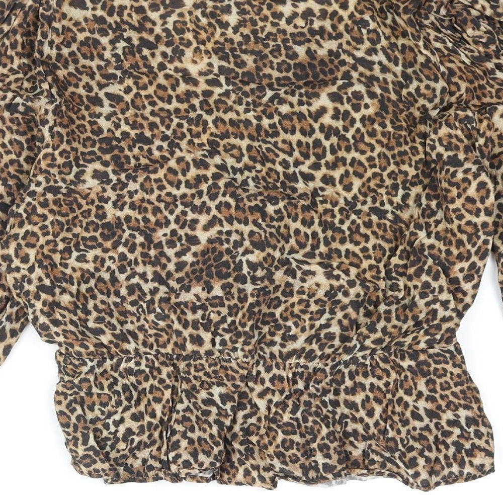 Pull&Bear Womens Brown Animal Print Viscose Cropped Blouse Size S V-Neck - Peplum Wrap Style
