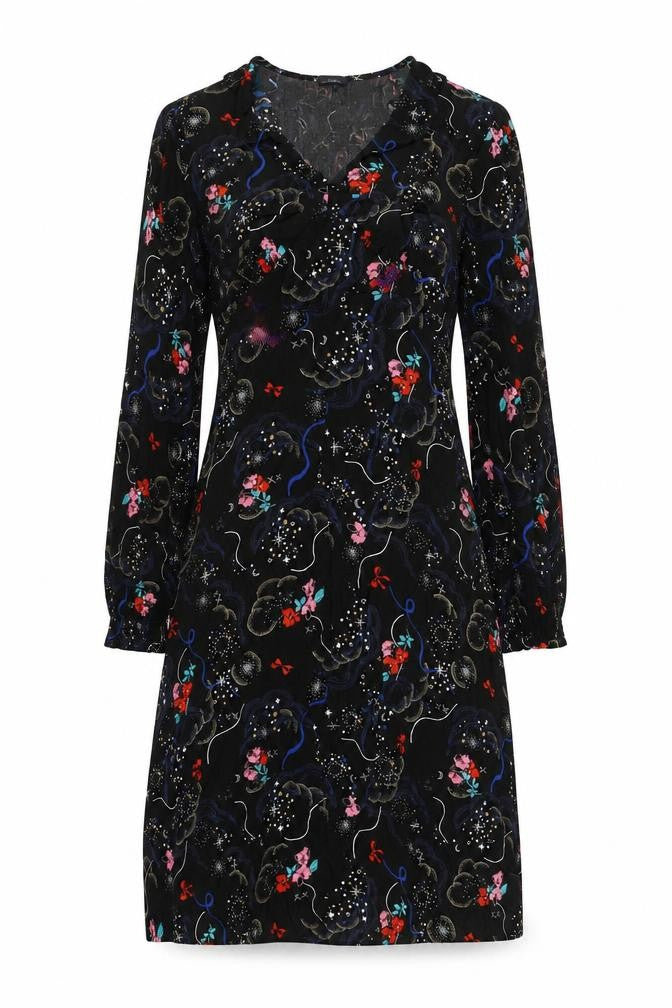 Marks and Spencer Womens Black Geometric Viscose A-Line Size 10 V-Neck Zip - Tie Detail