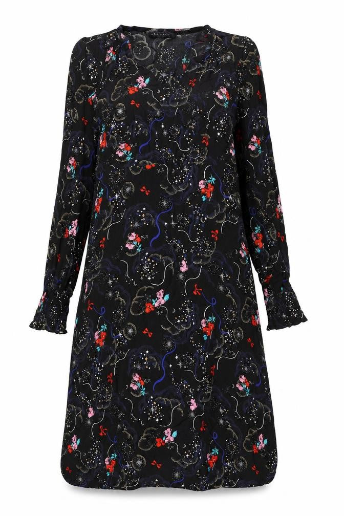 Marks and Spencer Womens Black Geometric Viscose A-Line Size 10 V-Neck Zip - Tie Detail