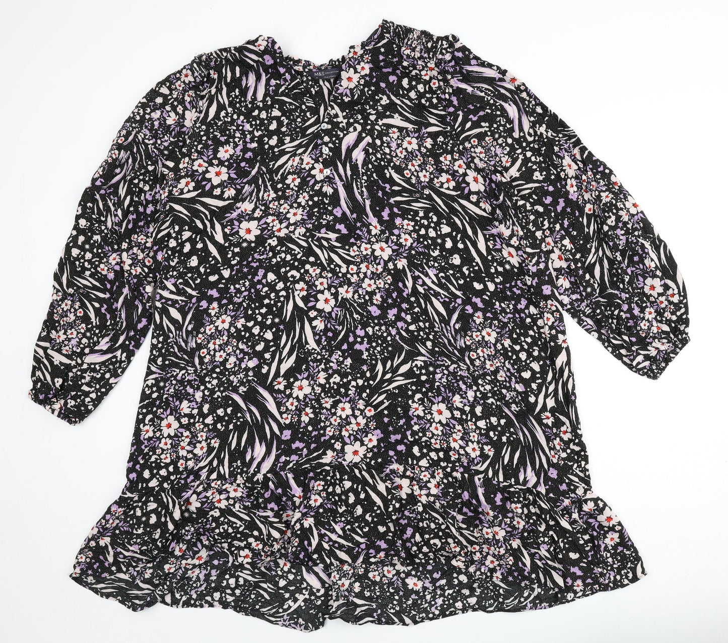 Marks and Spencer Womens Black Viscose A-Line Size 22 V-Neck Button - Flowers, Glitter