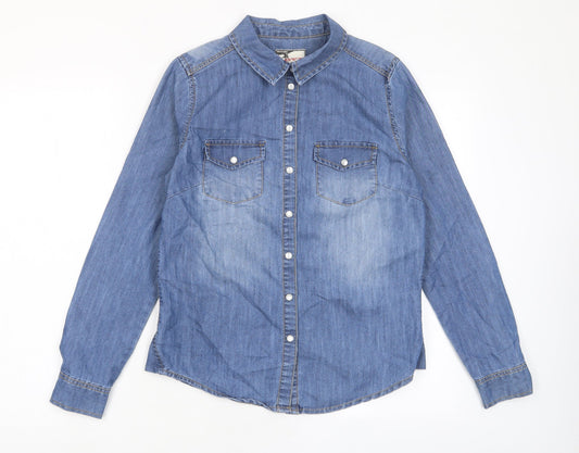YesYes Womens Blue Cotton Basic Button-Up Size 8 Collared - Pockets
