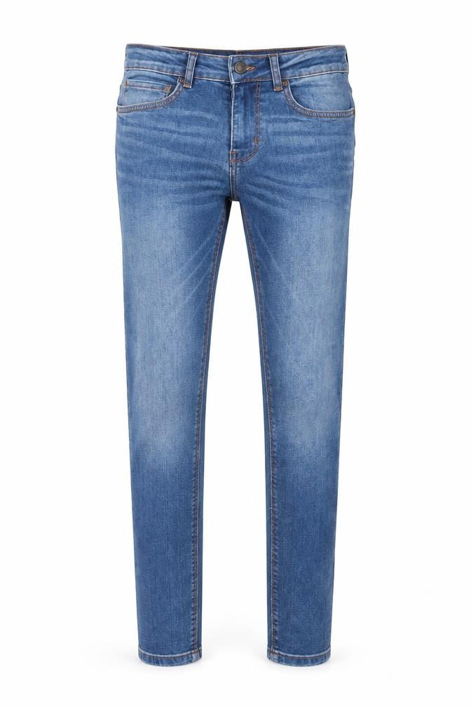 Front view of Denim & Co. men’s blue cotton skinny jeans, size 30, in, 32-inch leg regular zip - pockets