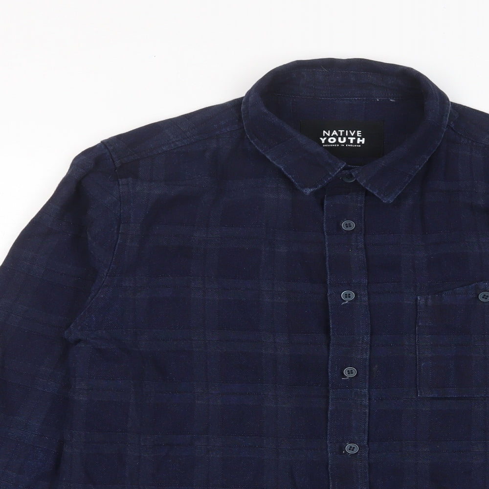 Native Youth Mens Blue Plaid Cotton Button-Up Size S Collared Button