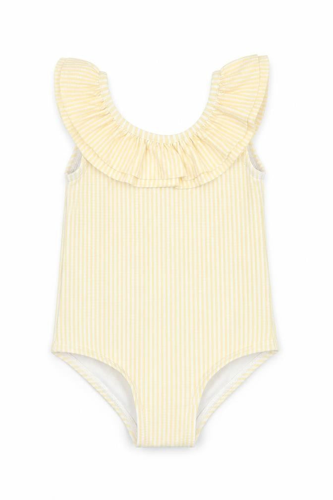 Front view of Marks & Spencer girls’ yellow striped polyester bodysuit outfit/set, months pullover - swimming costume