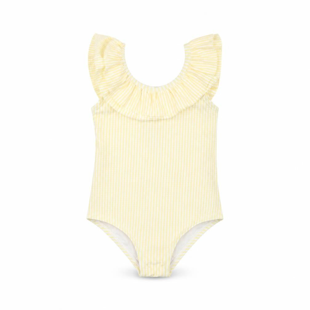 Front view of Marks & Spencer girls’ yellow striped polyester bodysuit outfit/set, months pullover - swimming costume
